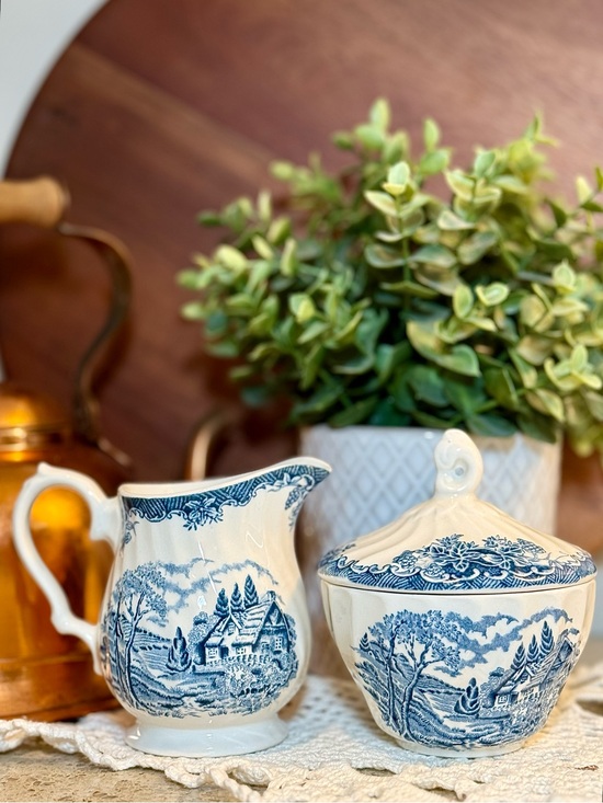 Other - Vintage Churchill The Brook Cream & Sugar Set – Blue Transferware